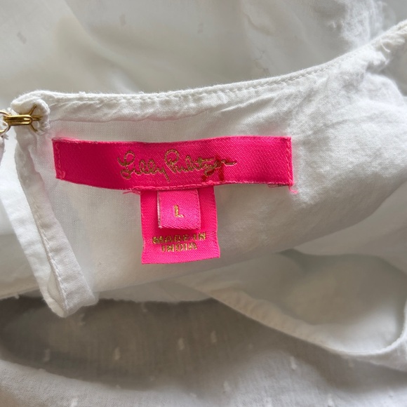 Lilly Pulitzer Raquelle Top Swiss Dot Dobby Chambray White Peplum Embroidered L - Picture 9 of 13